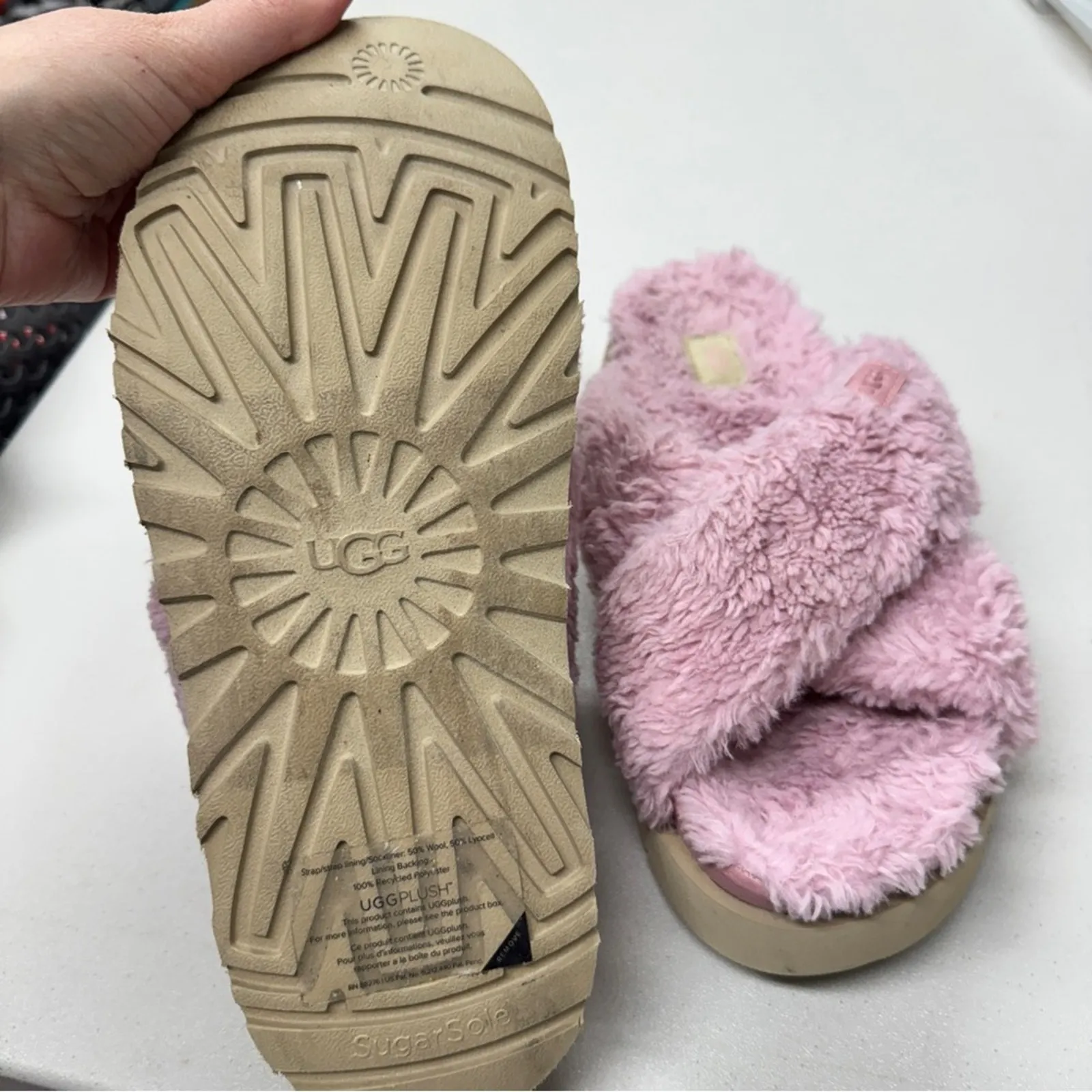 Ugg Pink Fuzz Sugar Cross Slide Sandals Womens 10 Casual Summer Platform Shoes - Image 3