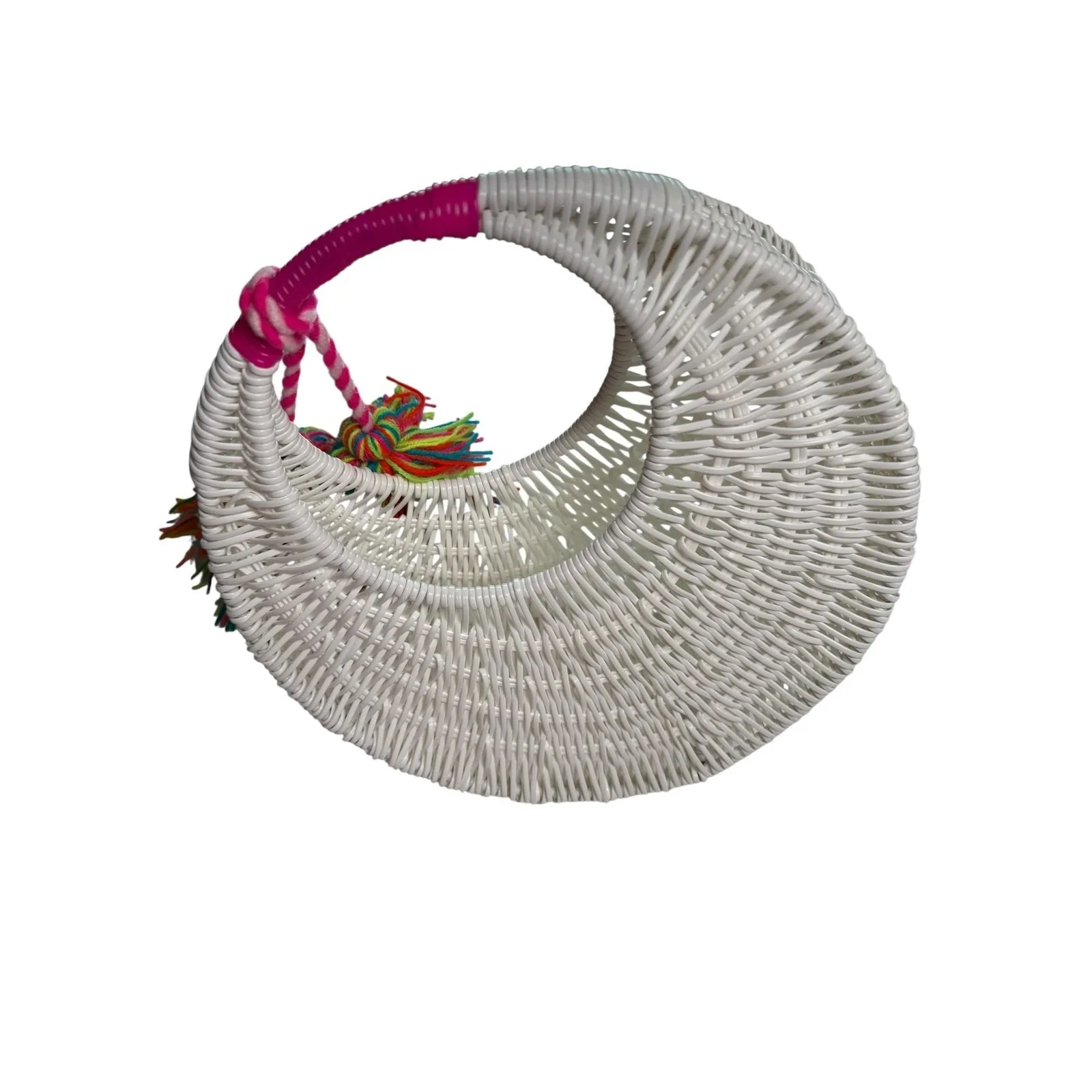 Handwoven White Wicker Purse Womens Medium Circle Bag Colorful Tassel Boho Beach - Image 2