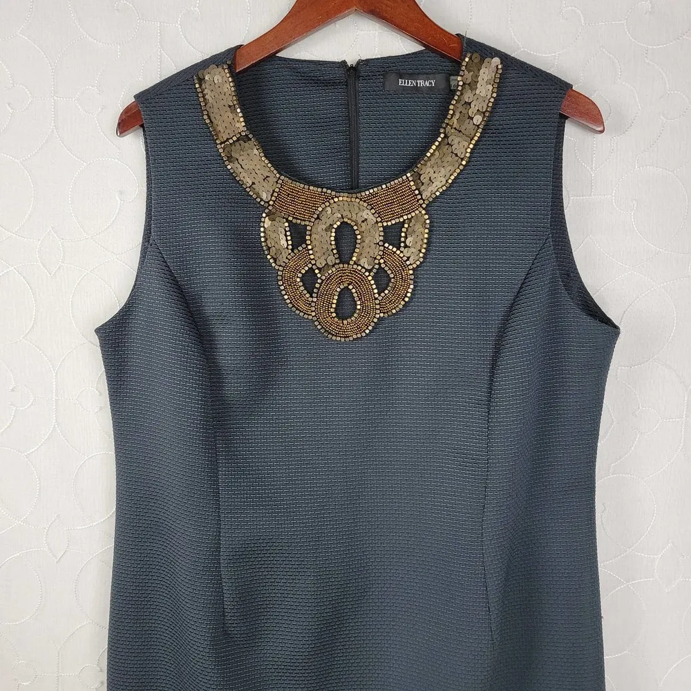 Ellen Tracy Womens Sheath Dress Size 16 Navy Beaded Sequin Statement Collar Mini - Image 11