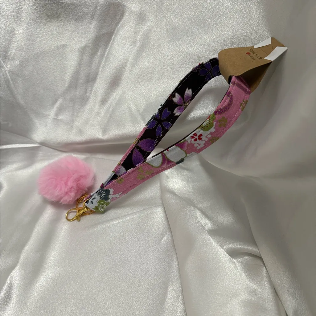 Handmade Pink and Purple Cherry Blossom Wristlet Keychain with Pink Pompom - Image 5
