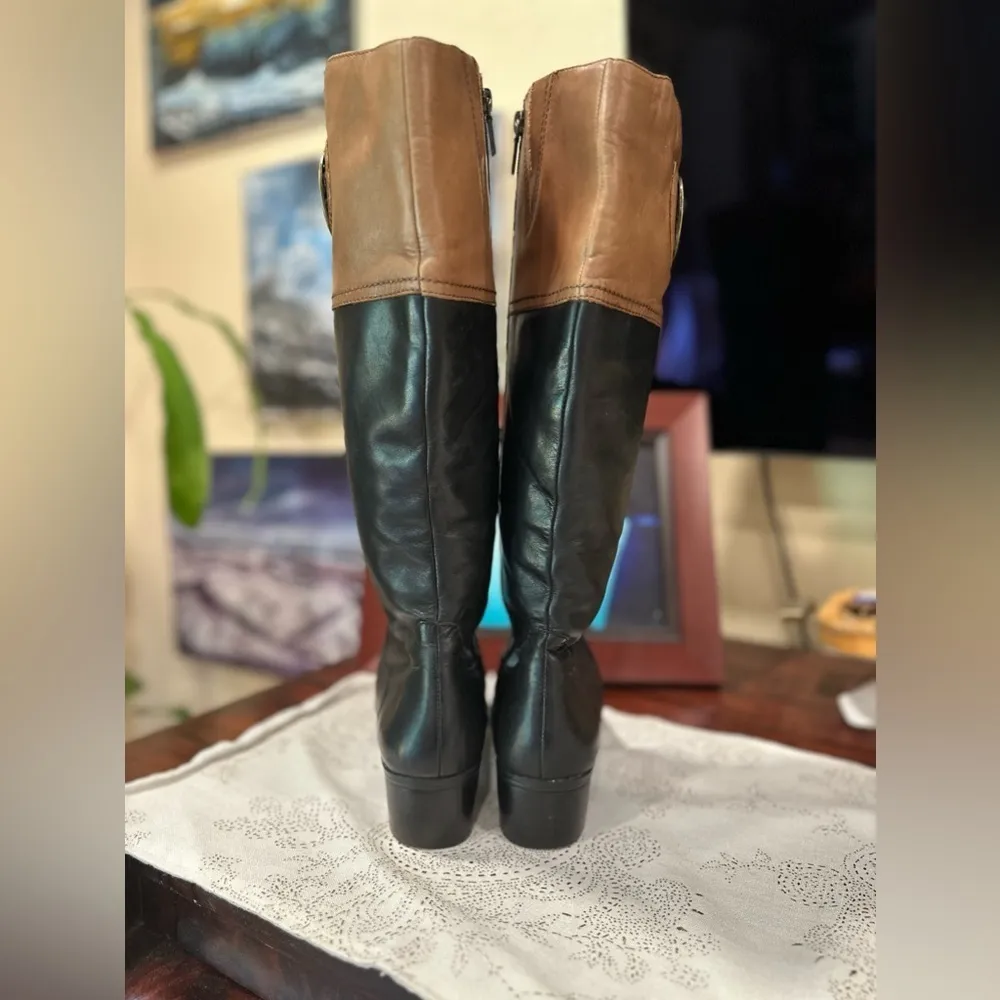 EUC Franco Fortini Leather Riding Boots Roxanne Black Tan Accent logo brass - Image 3