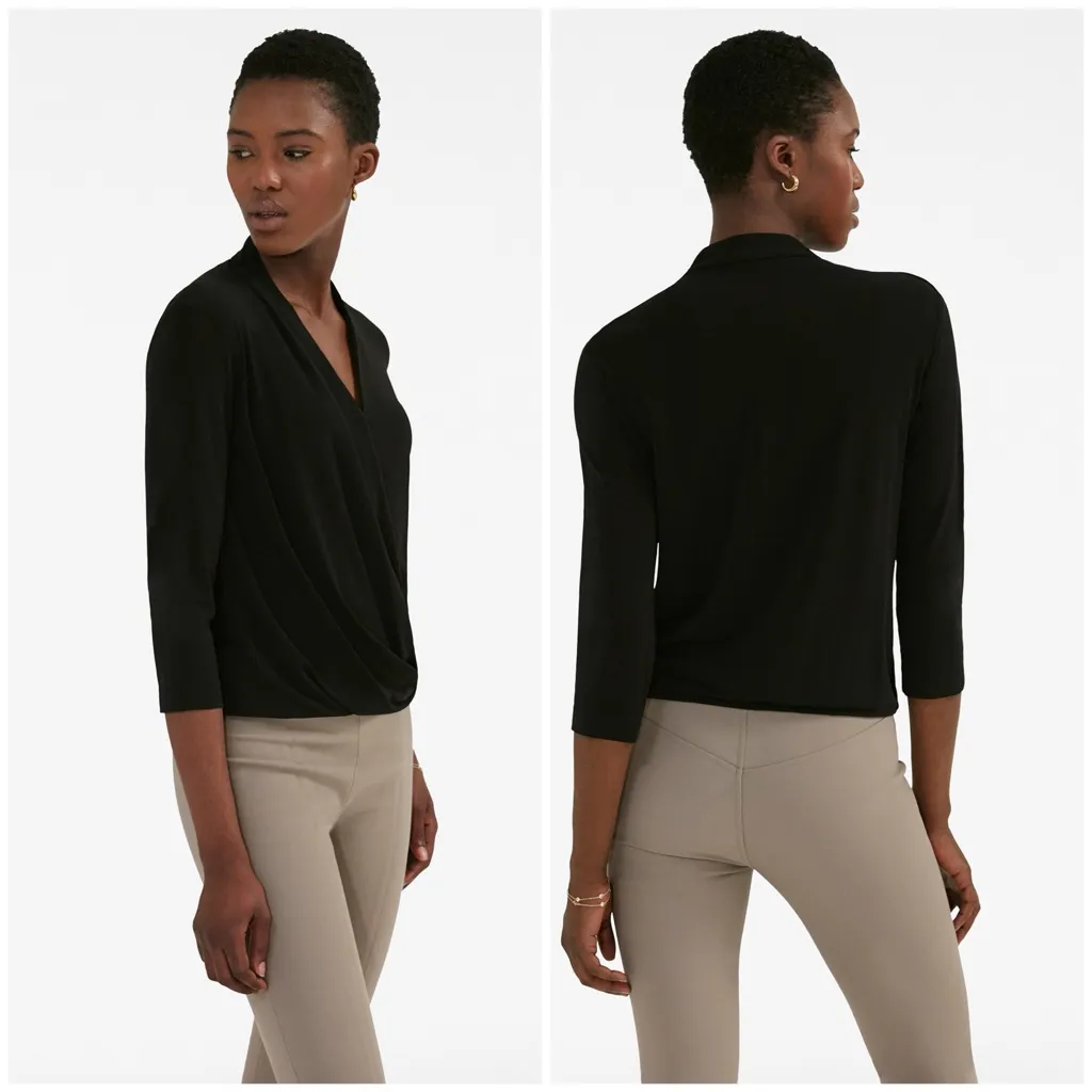 MM LaFleur Deneuve Faux Wrap Blouse Black 3/4 Sleeves Work Career Minimalist M - Image 2