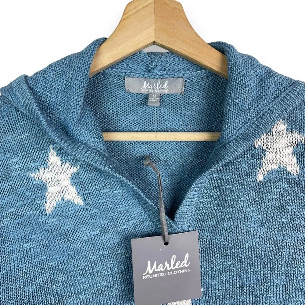 🆕 Marled Reunited Star Print Intarsia Knit Hooded Sweater Blue Size M - Image 5
