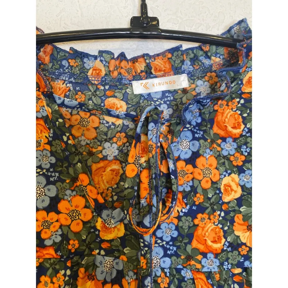 Kirundo Floral Mini Shift Dress EUC Sz Lg Ruffle Hem Neck Tie Polyester Light Orange - Image 2