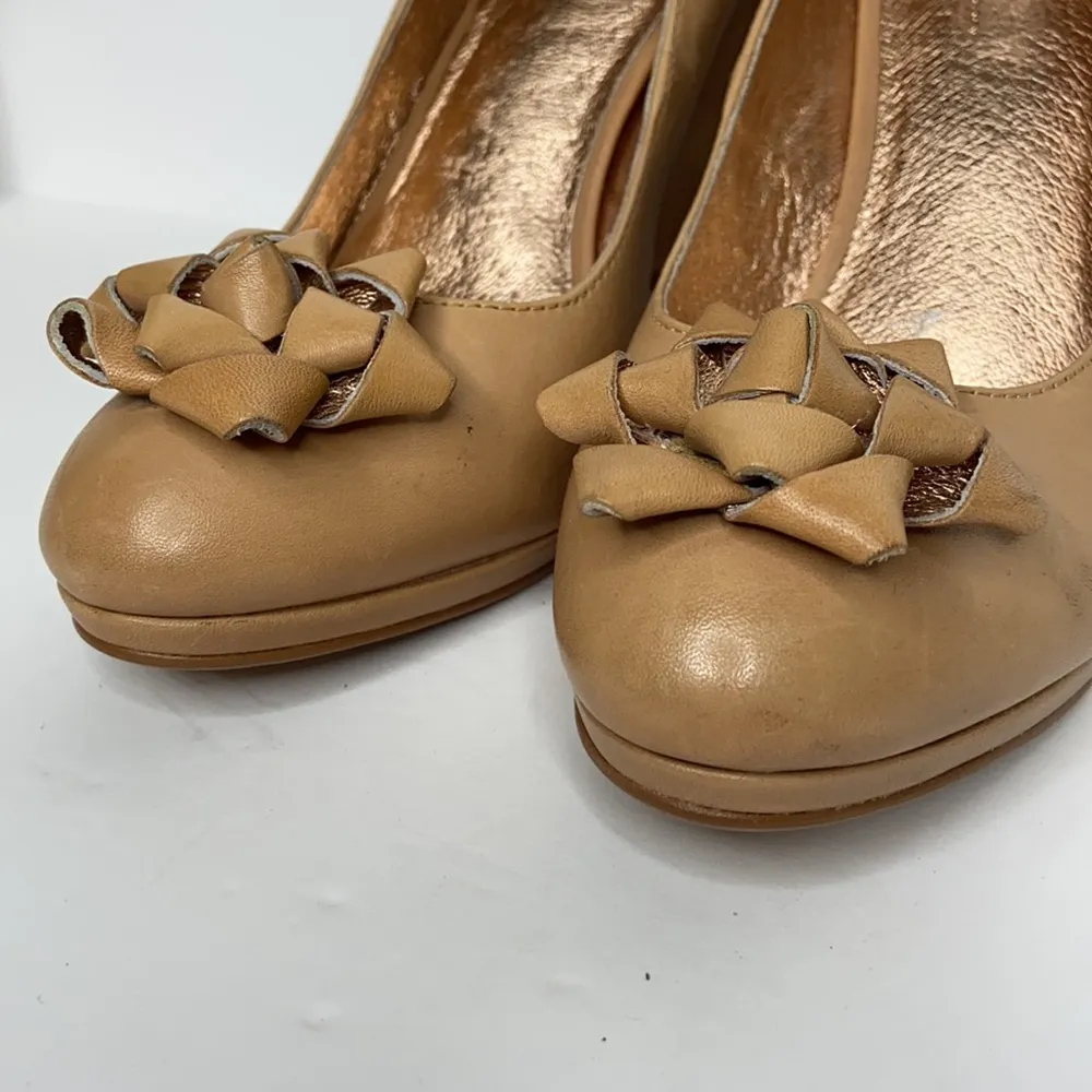 Miss Albright Tan Bow Leather Platform High Heels Size 8.5 - Image 2