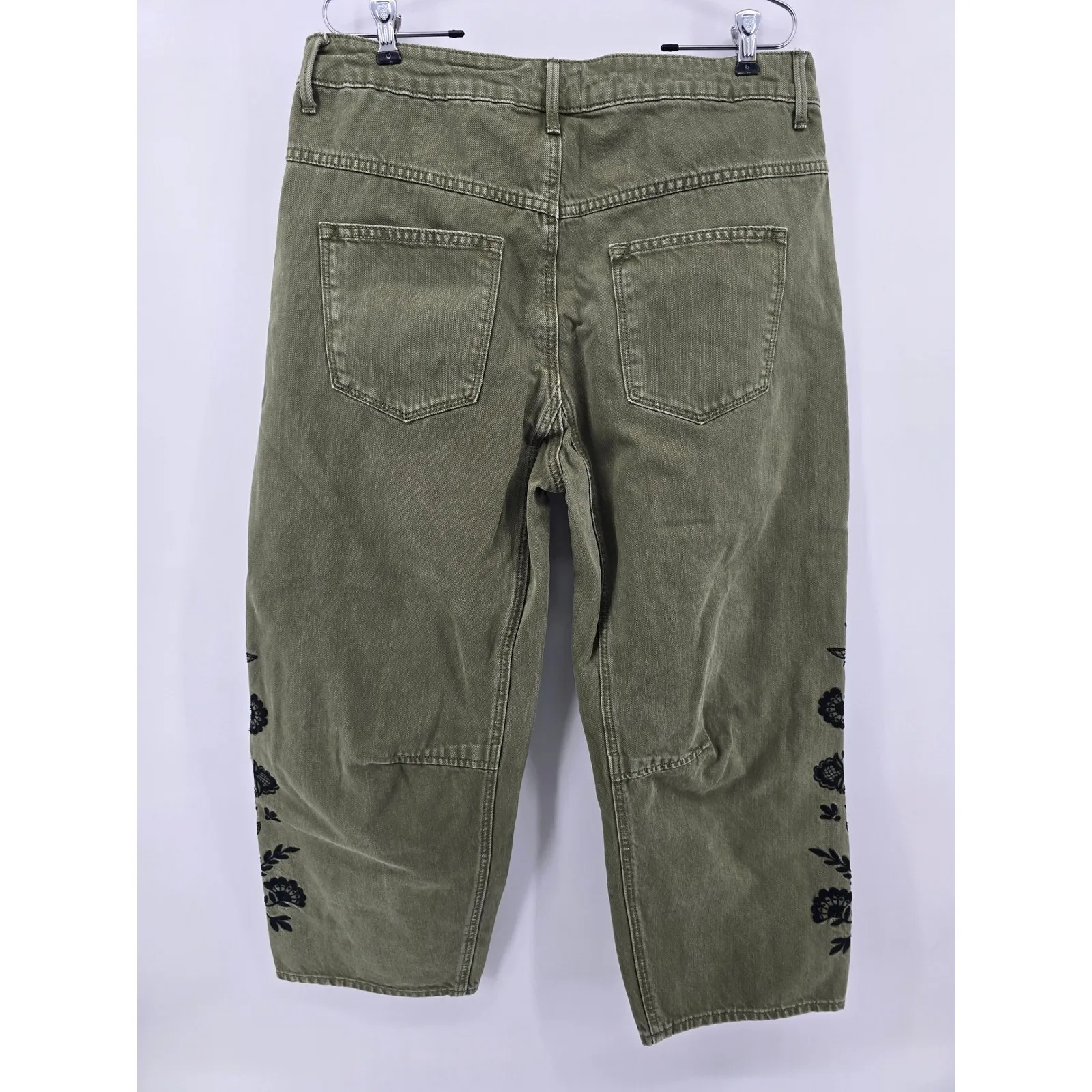 Driftwood Barbara Olive Green Embroidered Cropped Barrel Jeans Pants Size 31 - Image 5