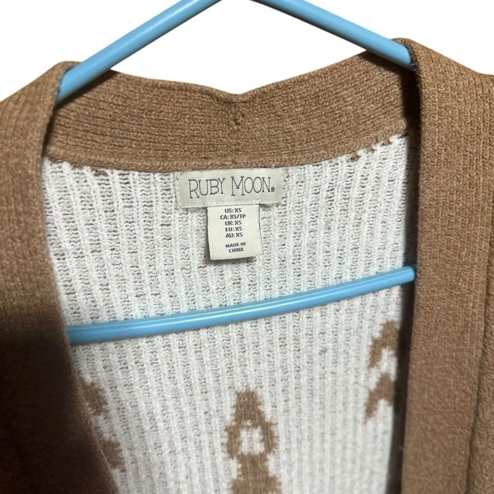 Ruby Moon Women Tan White Geometric Pattern Long Open Front Cardigan Sweater XS - Image 4