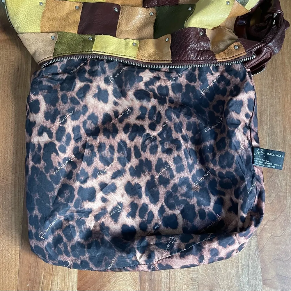 B. Makowsky "Fort Apache" Patchwork Leather Hobo Bag Purse Tote Brown Green L - Image 7