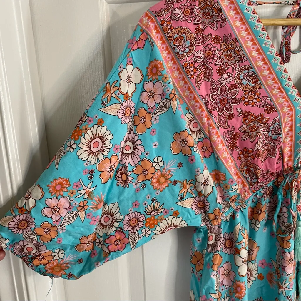 Cupshe Boho Floral Mini sun  Dress in Blue and Pink w/ Drawstring V-Neck - Image 3