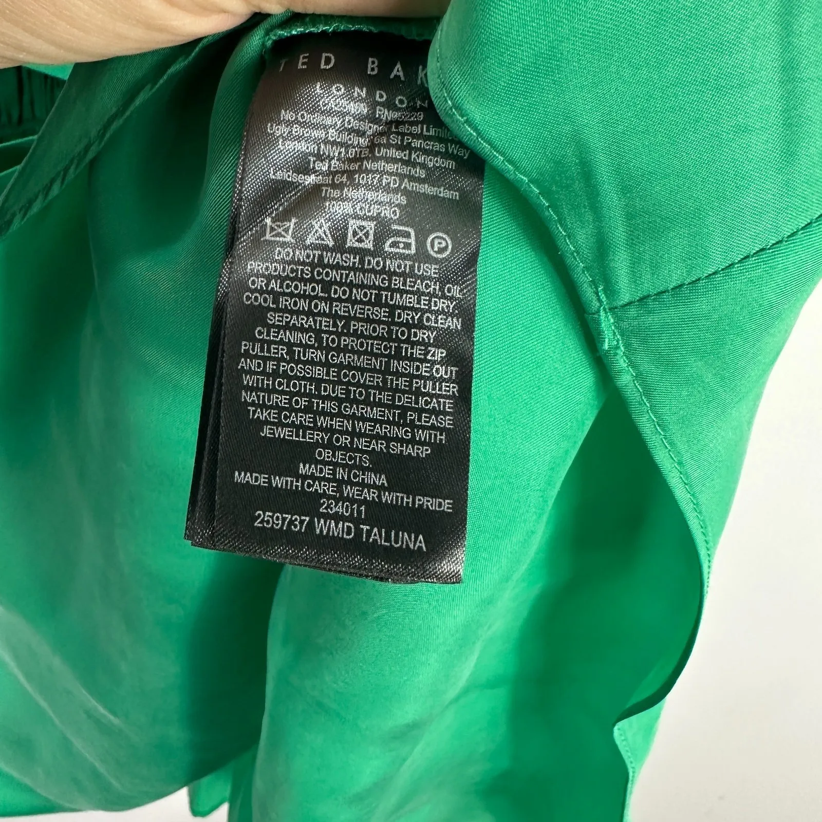 Ted Baker Green Babydoll Mini Dress Womens 1 Small Vegan Silk Smocked Feminine - Image 5