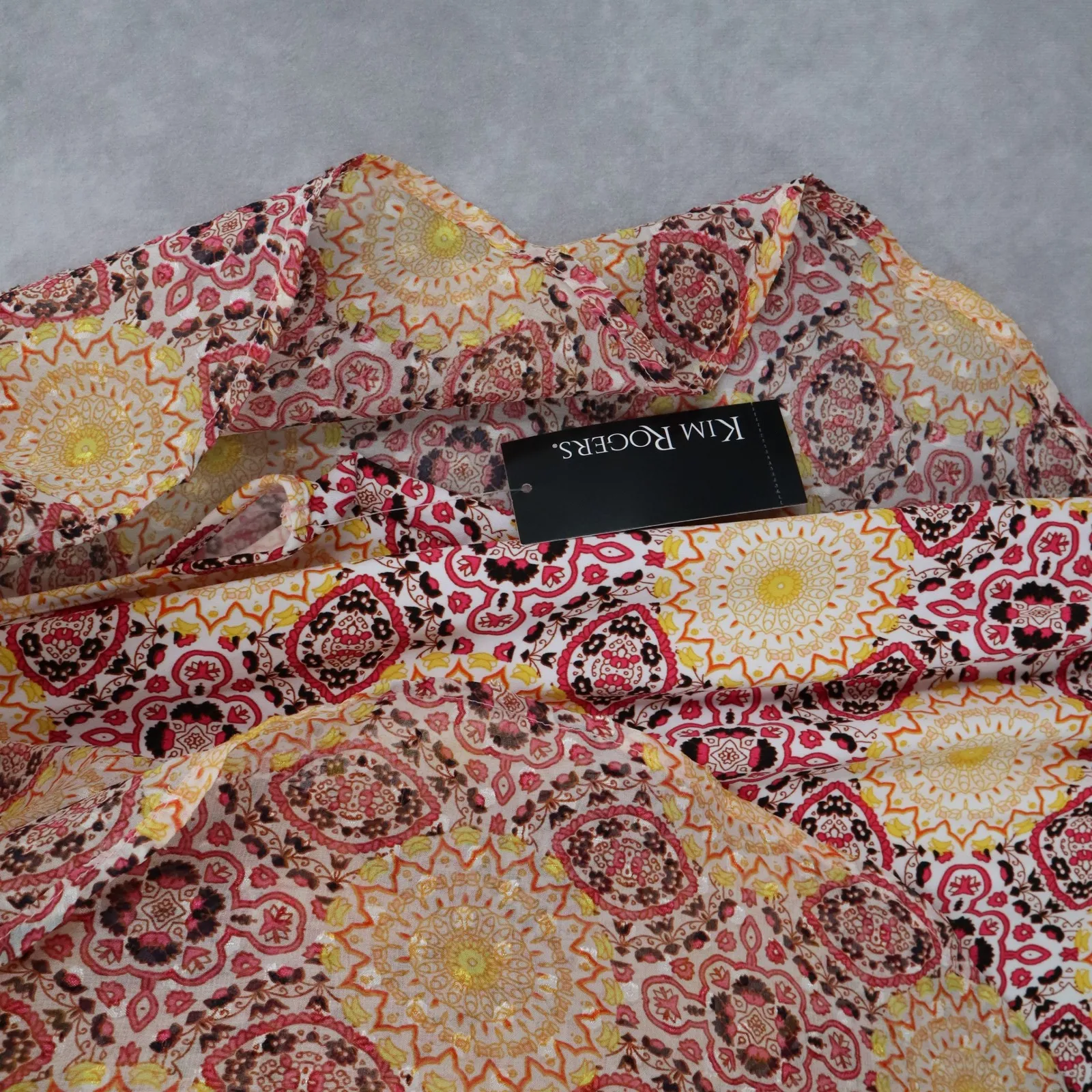 Kim Rogers Yellow Floral Dolam Casual Daisy Shine Palm Spring Bead Top Blouse XL - Image 7