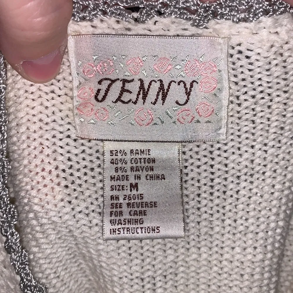 Womens Vintage JENNY Ivory Cream Embroidered Cardigan Sweater Pearl Buttons Pink Size M - Image 8