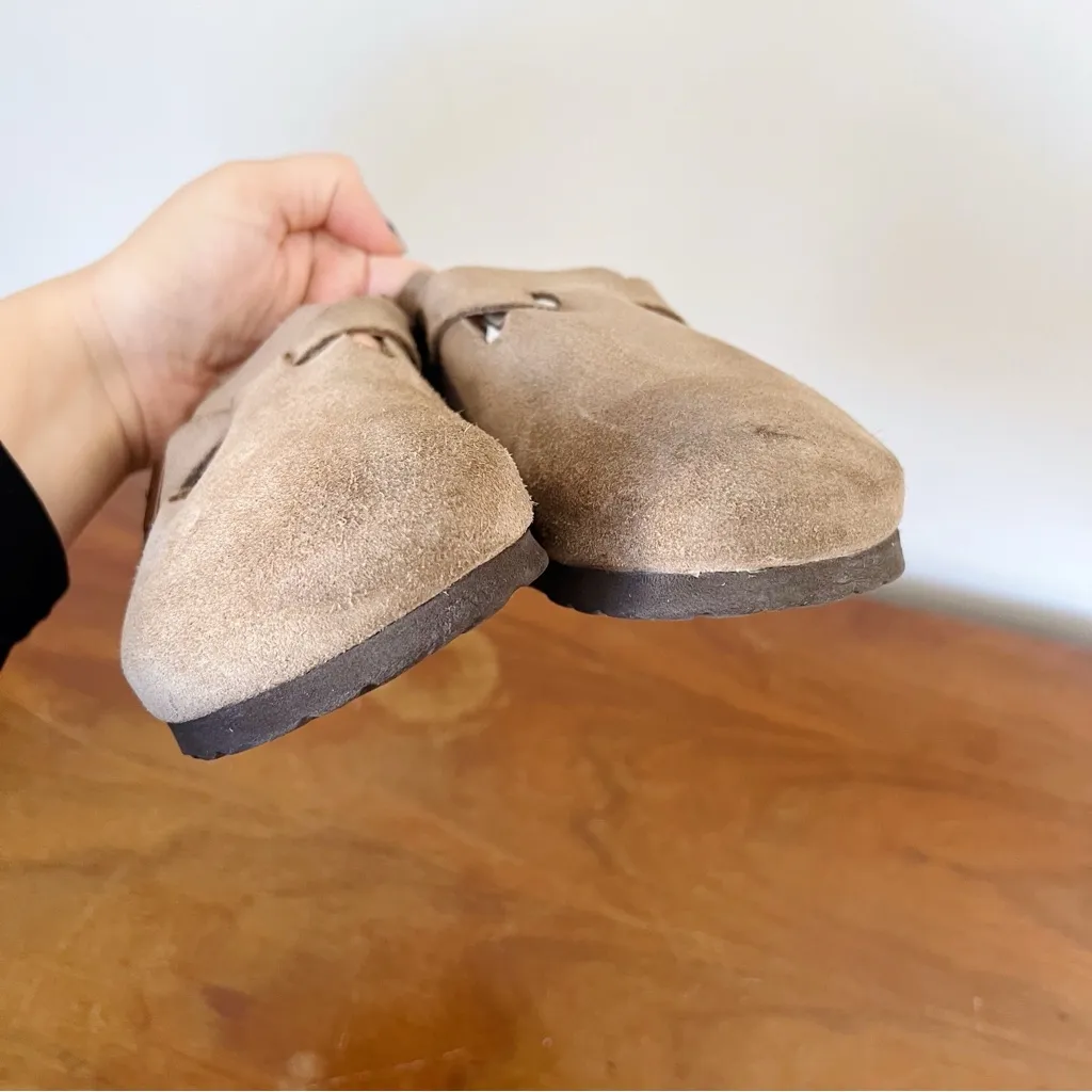 Birkenstock • Boston Clogs taupe suede leather soft footbed slip on buckle - Image 9