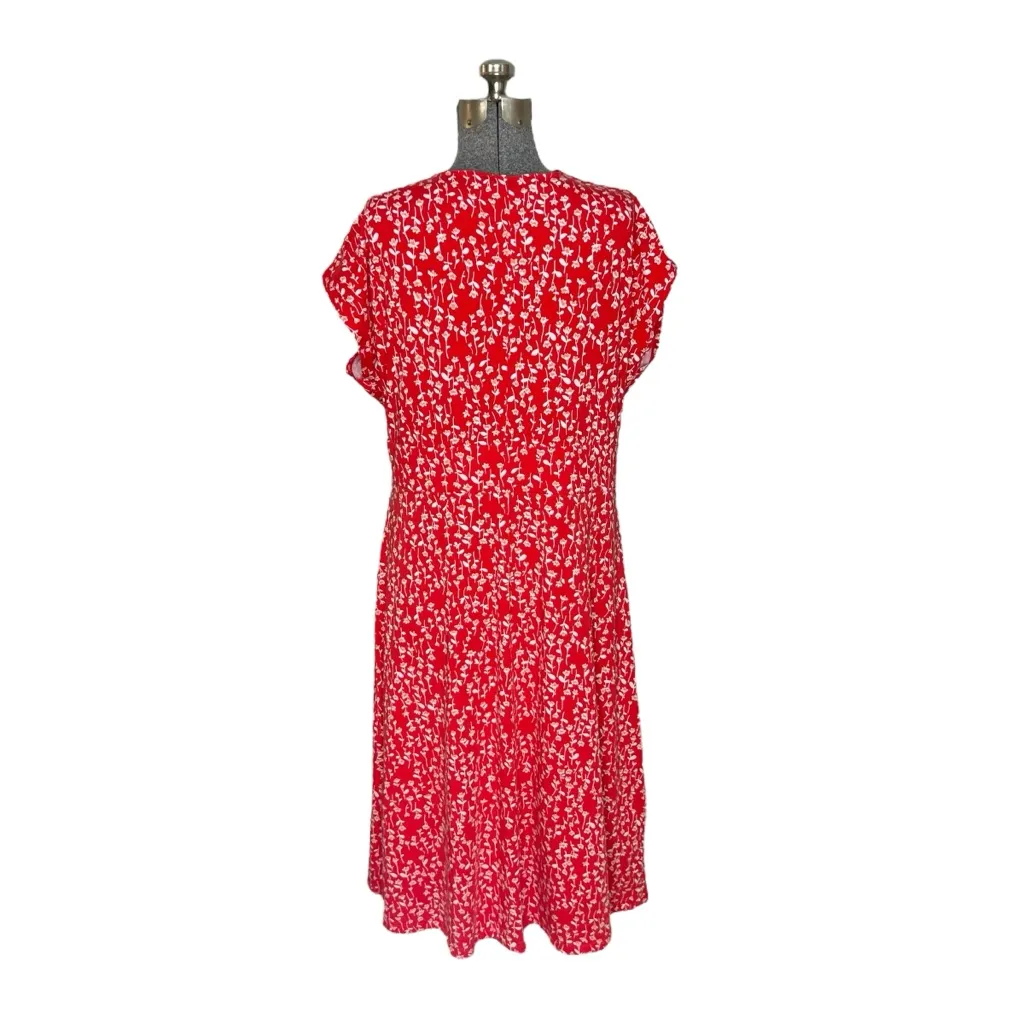 Lands’ End Red & White Ditsy Floral Print Knotted Empire Waist V Neck Dress Size 1X - Image 6