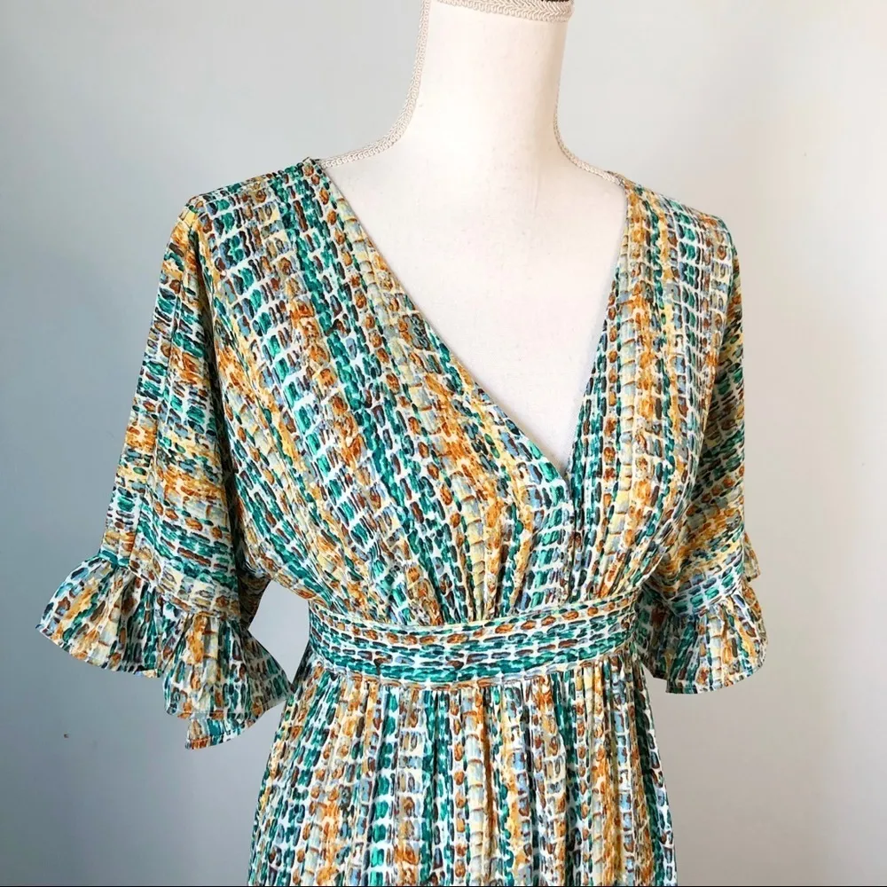 EXPRESS x ROCKY BARNES | Printed Boho Open Back Flounce Maxi Dress Sz XXS - Image 5
