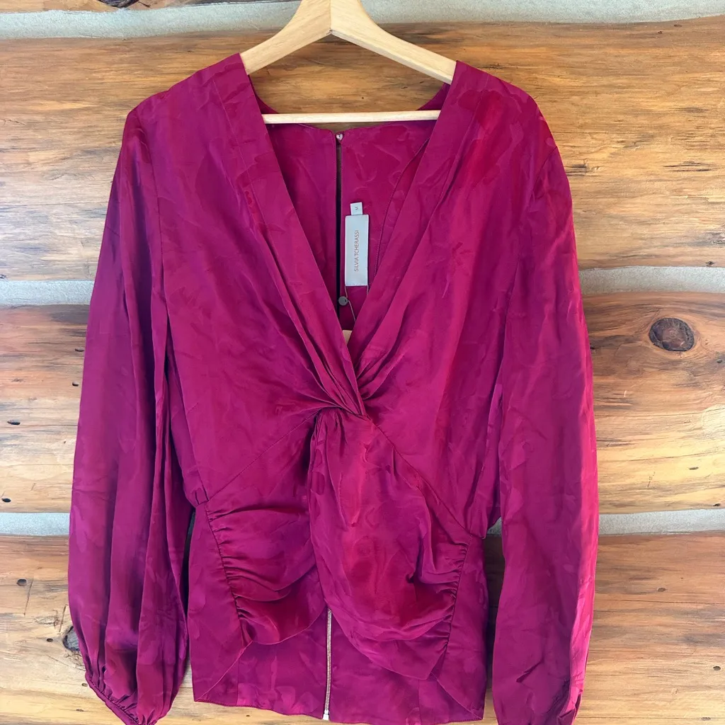 Silvia Tcherassi | Fuchsia Deep V Neck Top | Long Sleeve | Courtney Blouse | NWT Pink Size M - Image 2