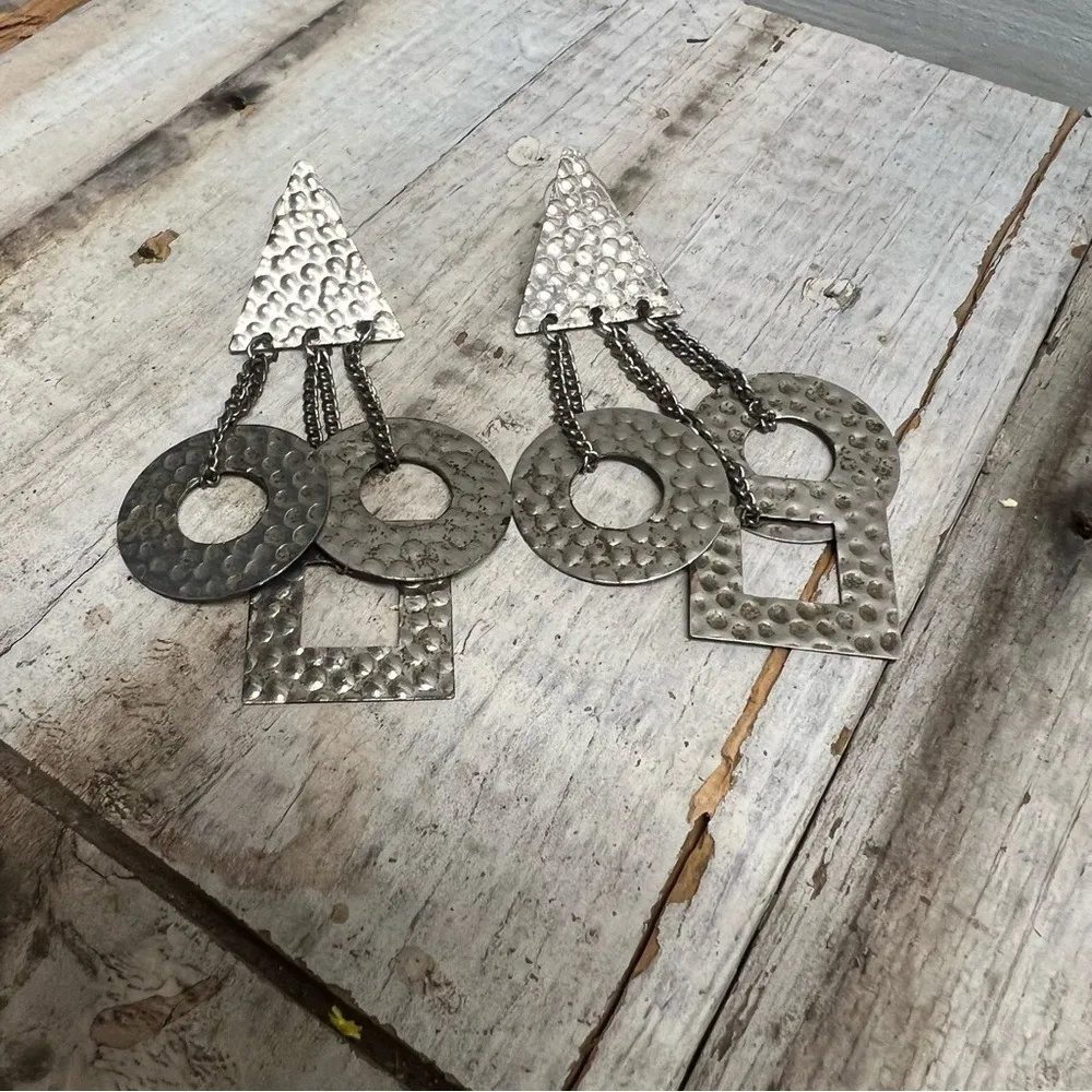 Vintage Hammered Silver Geometric Statement Earrings Retro Bold Jewelry - Image 3