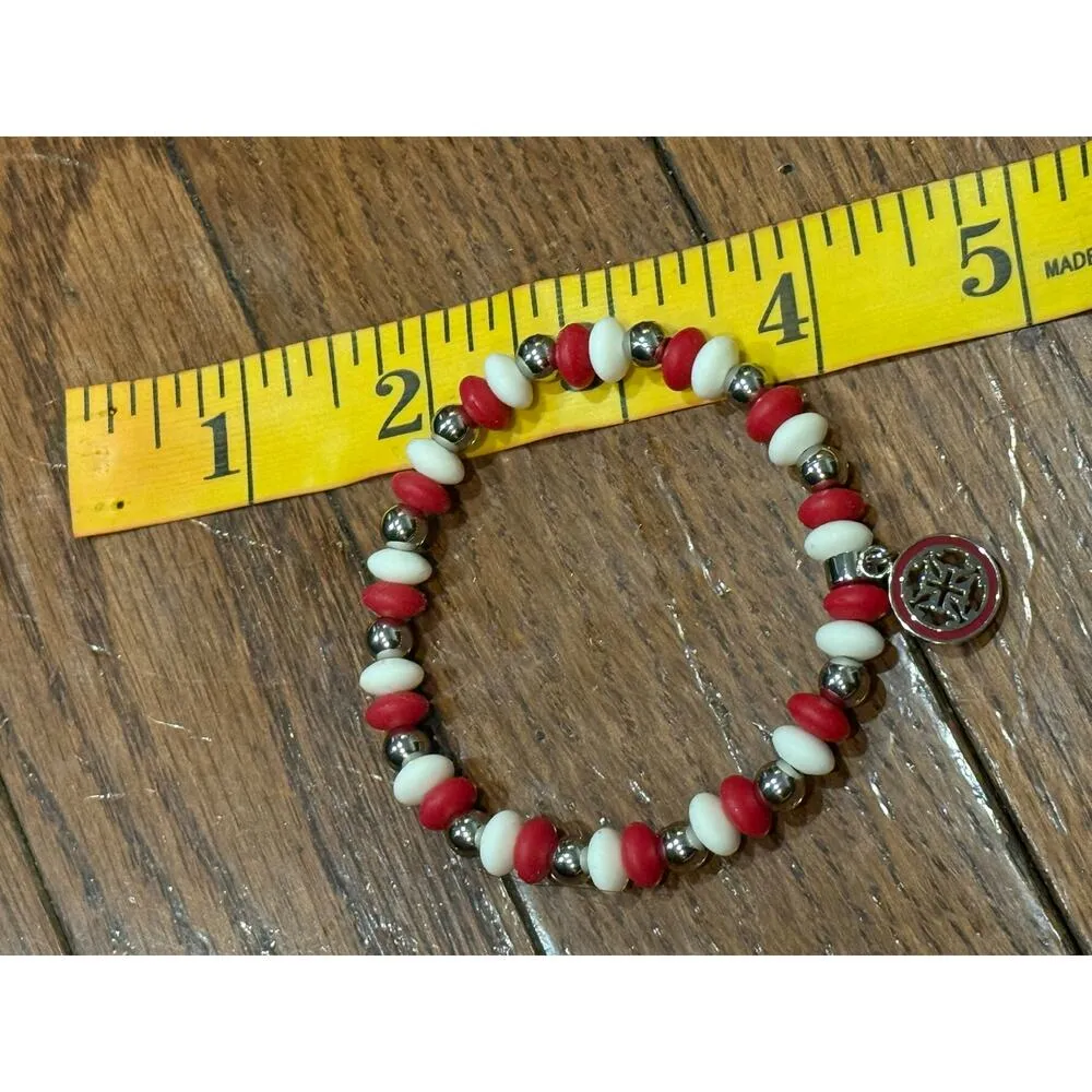 Rustic Cuff Red, White , & Silver Beads Stretch Bracelet Stackable logo charm - Image 3
