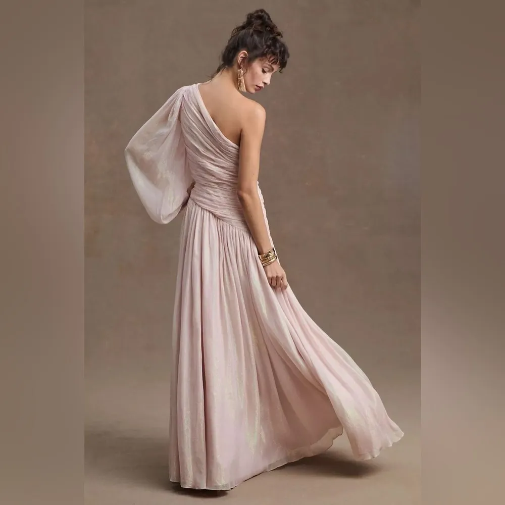 Anthropologie BHLDN Jade Metallic One-Shoulder Asymmetrical-Waist Gown Baby Pink - Image 4