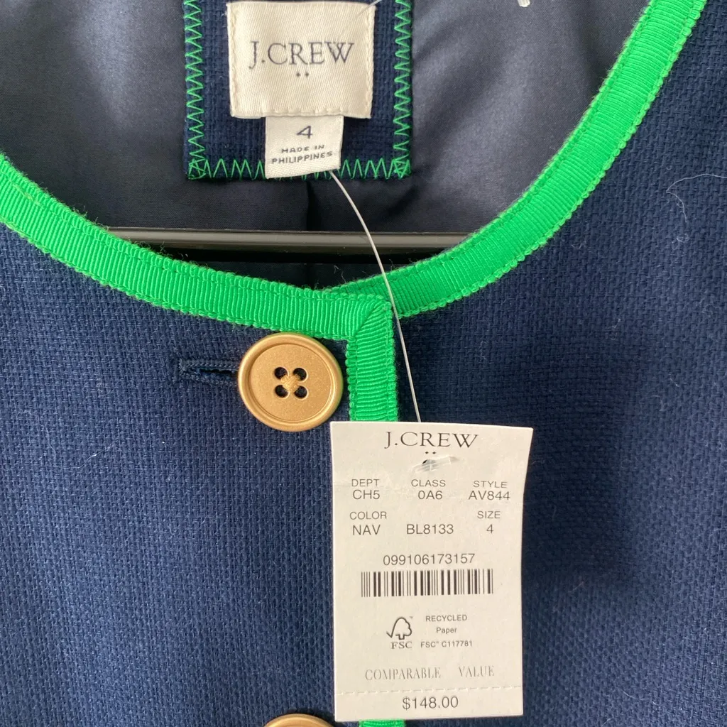 J. Crew NWT Tipped Lady Jacket Navy Blue Kelly Green Trim Women’s Size 4 Preppy - Image 8