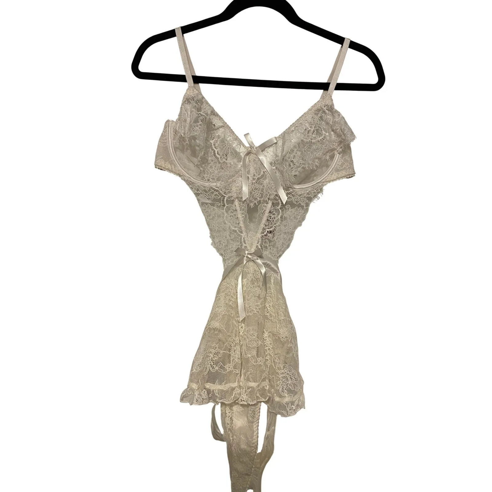 Victoria's Secret Apron Lace White Teddy Bodysuit Large Sheer Bridal Coquette - Image 2