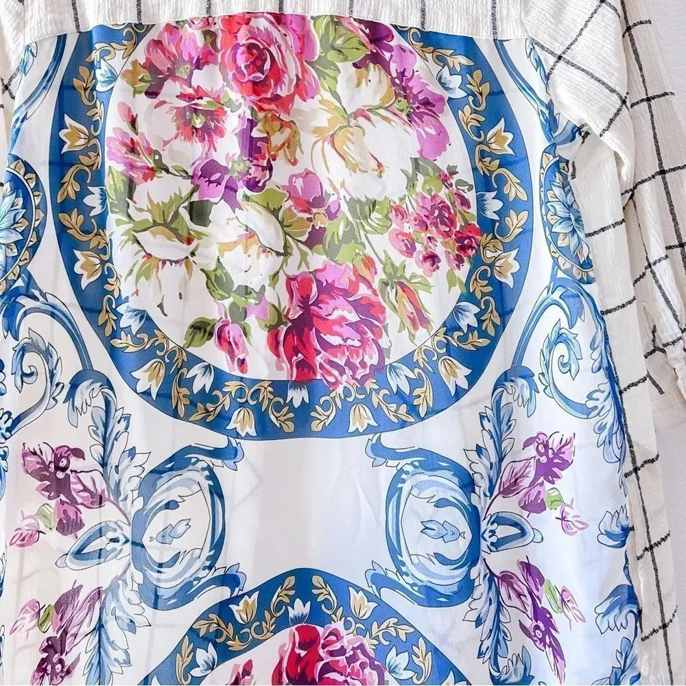 Soft‎ Surroundings Gardenside Windowpane Cream Floral Tunic Shirt Dress XS - Image 7