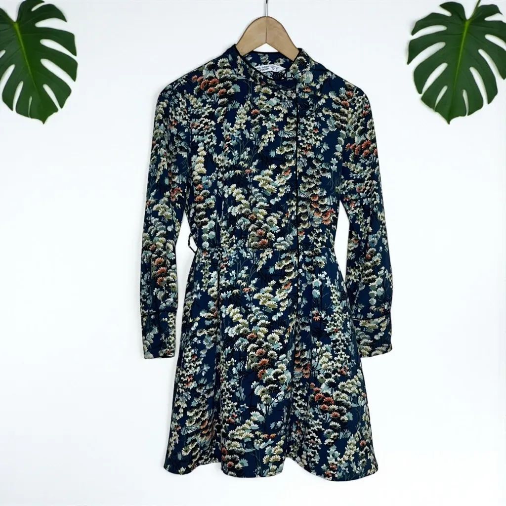 Zara Long Sleeve Piped Trim Stand Collar Mini Dress in Blue Floral Print - Image 5