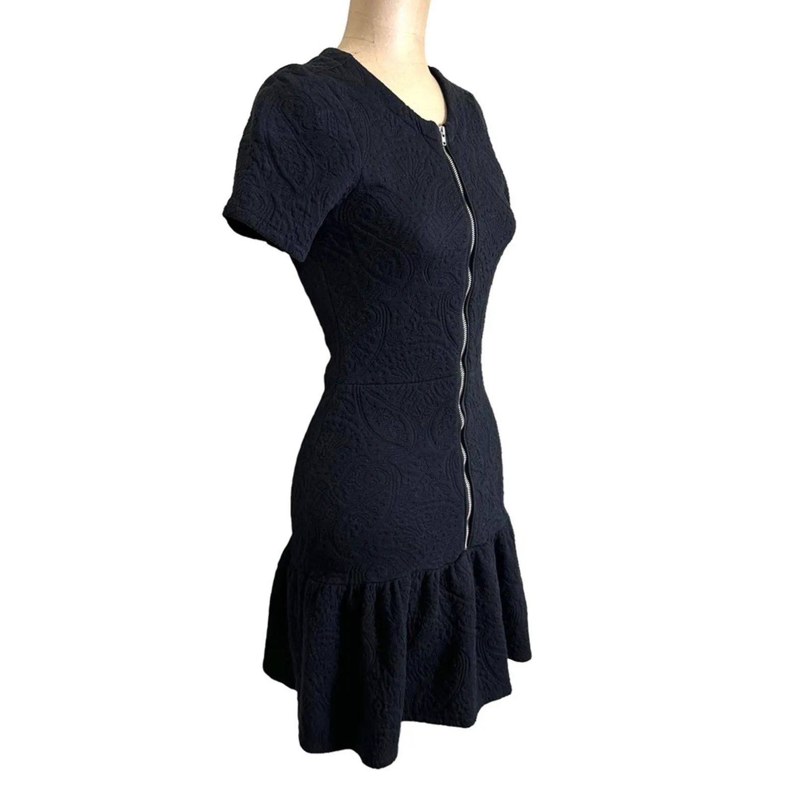 The Kooples size XS Mini Dress Black Zip Cotton Front Ruffle Hem Short Sleeve - Image 7