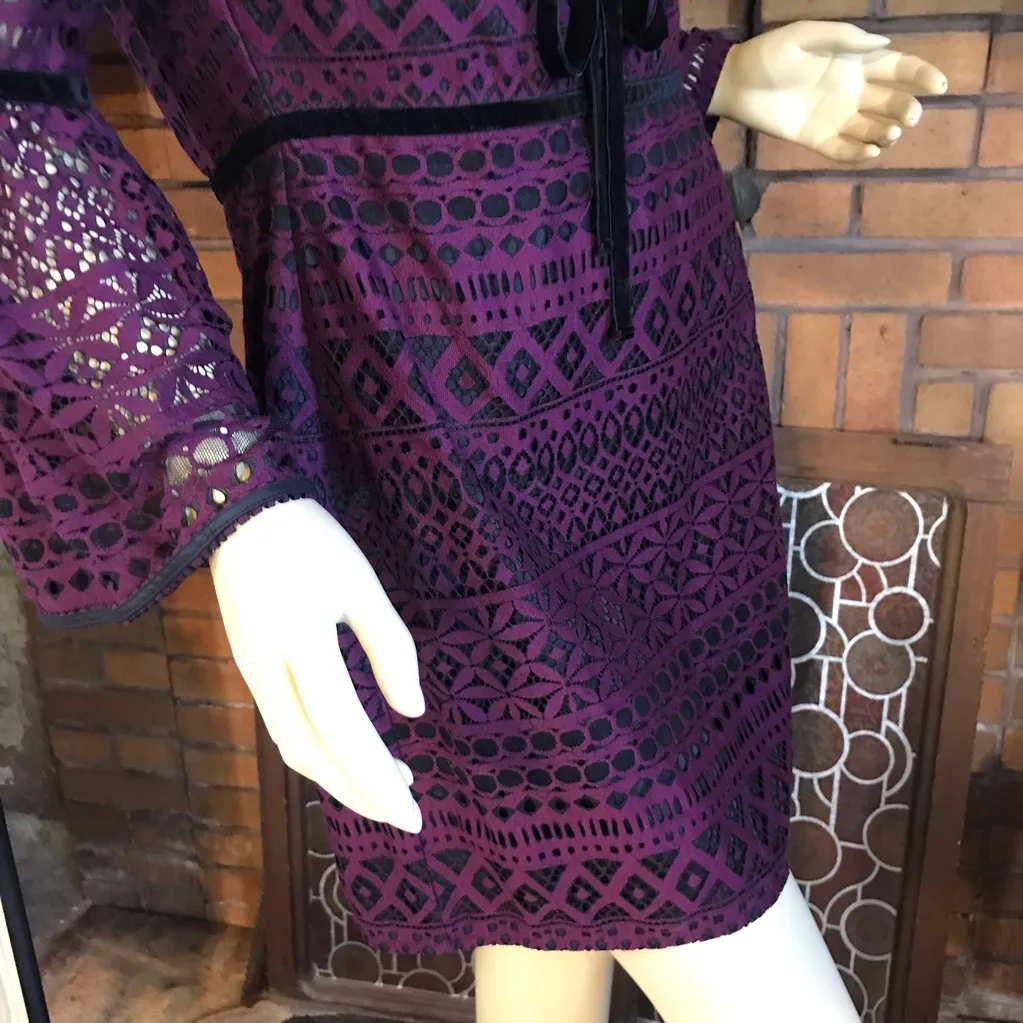 LIKELY "KAKKI" PURPLE & BLACK CROCHET LACE OFF THE SHOULDER MINI DRESS NWT (10) - Image 7