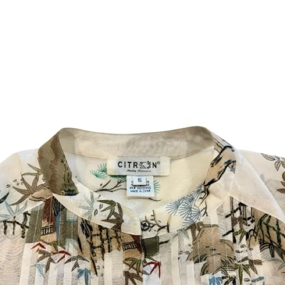 Citron Santa Monica Silk Cotton Tunic Top Blouse Asian Landscape Print Size S Tan - Image 3
