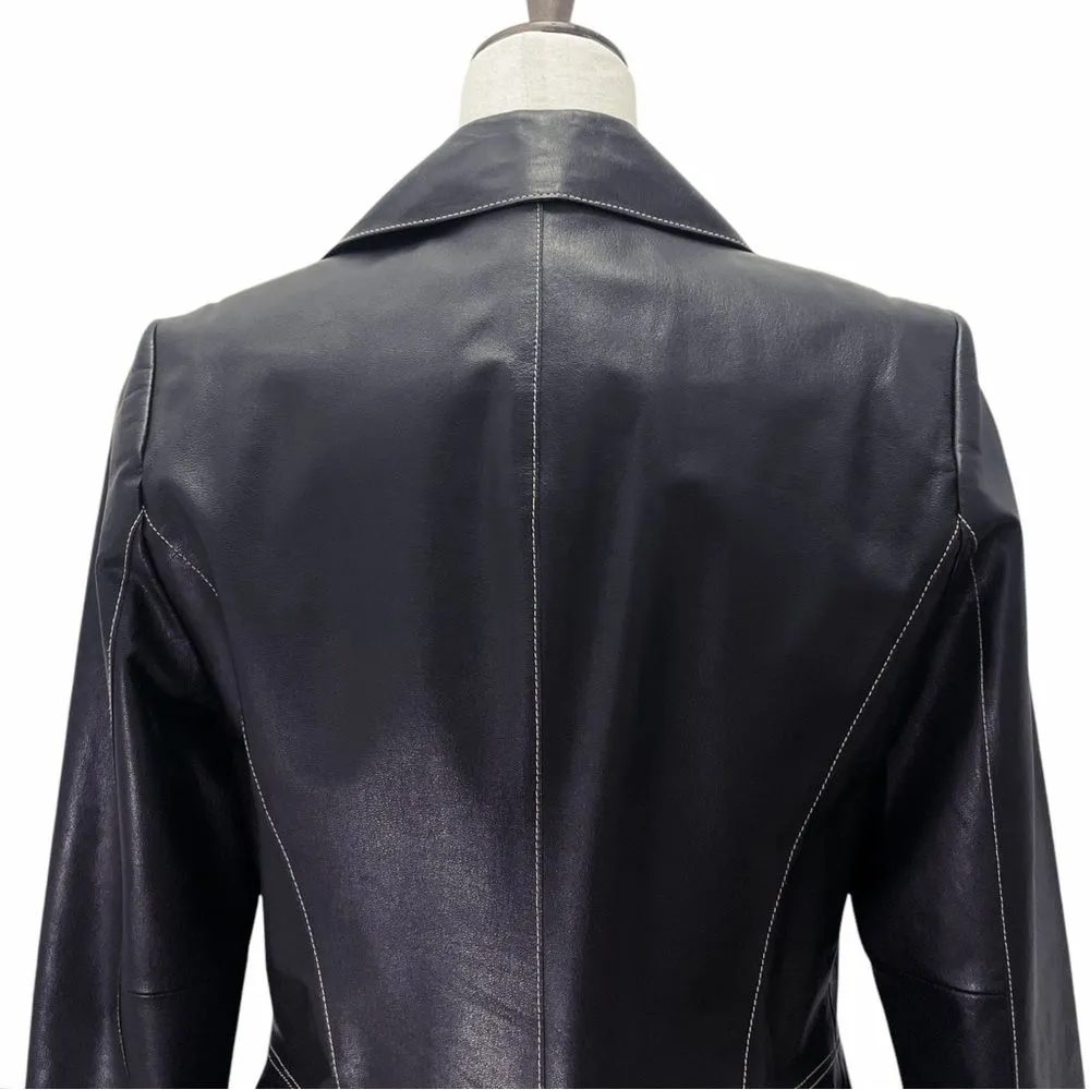 Vintage Classiques Entier Black Leather 3-Button Blazer Lasercut Trim Sz 10 Y2K - Image 10