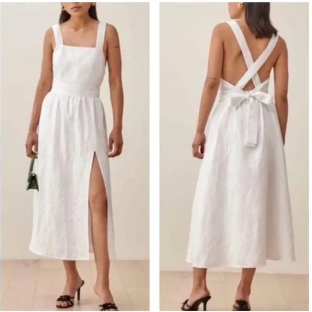 Reformation Elara White Linen Square Neck Slit Tie Back Midi Dress Size 6 - Image 3