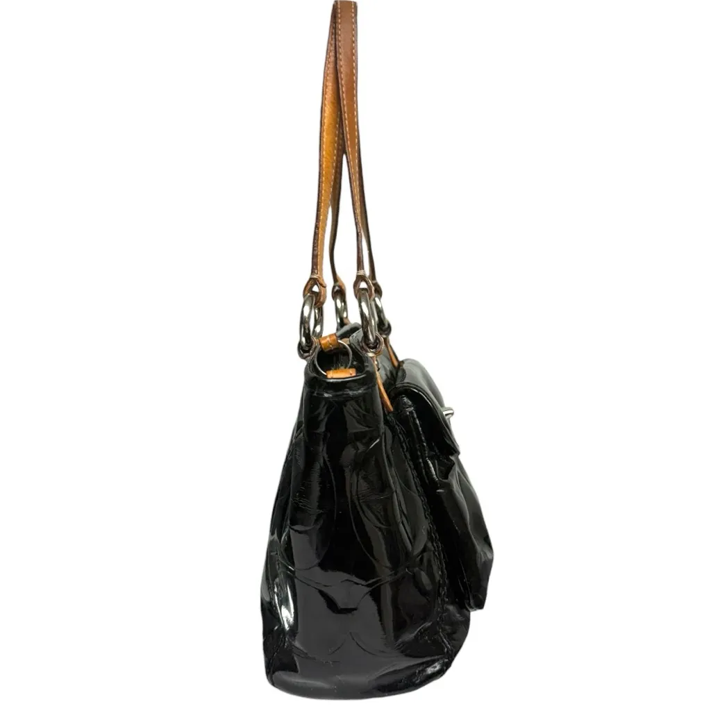 Vintage Coach Black Patent Leather Signature Tote Bag Tan Leather Handles - Image 2