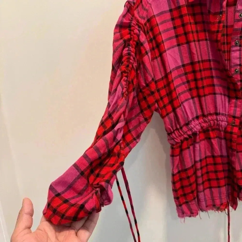 Free People pacific dawn red plaid button down shirt s - Image 6
