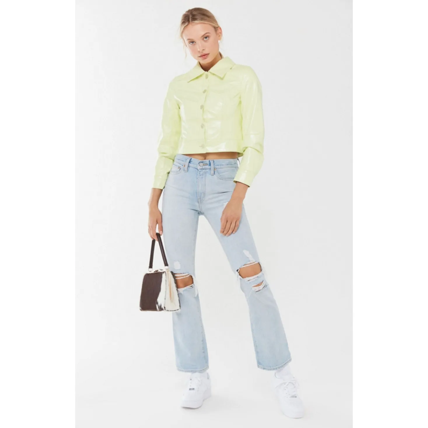Urban Outfitters Xander Vinyl Cropped Jacket in Lime - Image 3