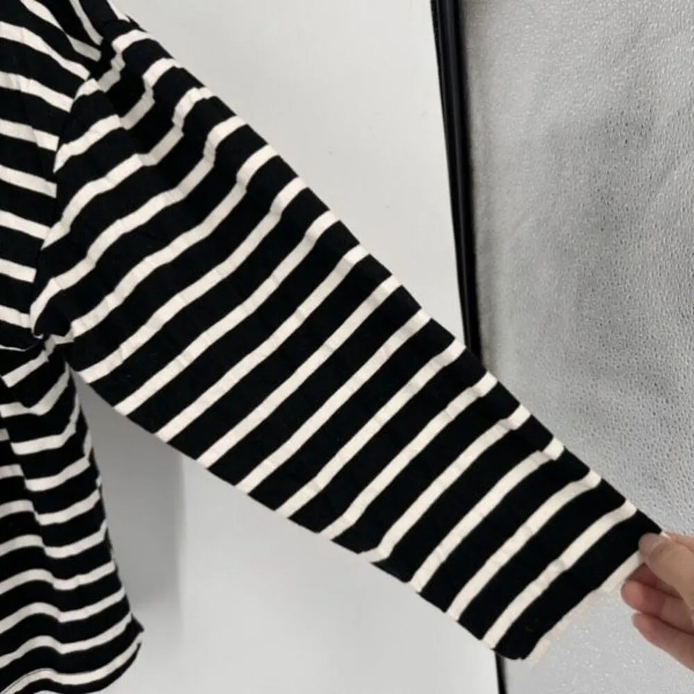 Zara Women's Striped Long Sleeve Boatneck Shirt Black White Top Button Neck Larg - Image 6