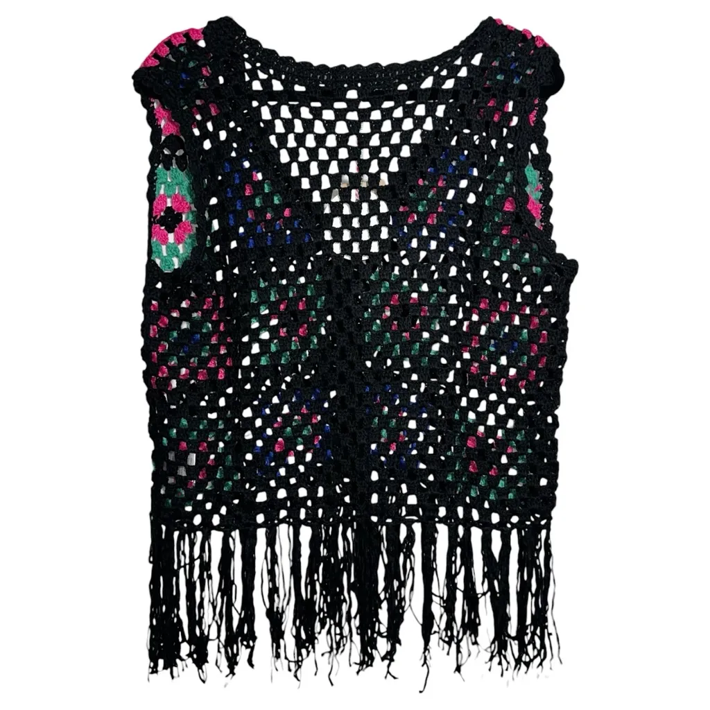 UMGEE Black Crocheted Squares Sleeveless Cardigan Medium Grannycore Boho Fringe - Image 2