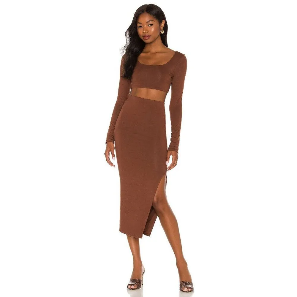 RE ONA Square Neck Crop Top in Chocolate Large New Womens Long Sleeve Blouse Brown - Image 8