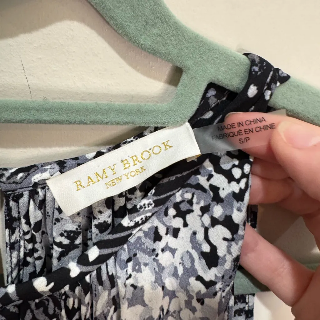 Ramy Brook Audrey Smocked Midi Silk Dress Black and White‎ Print Sz S - Image 8