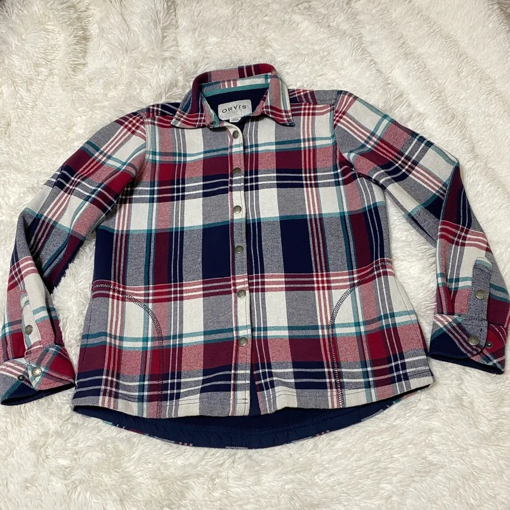 ORVIS  Plaid Fleece Jacket Shacket Flannel Lined Metal Snap Shirt size S - Image 13