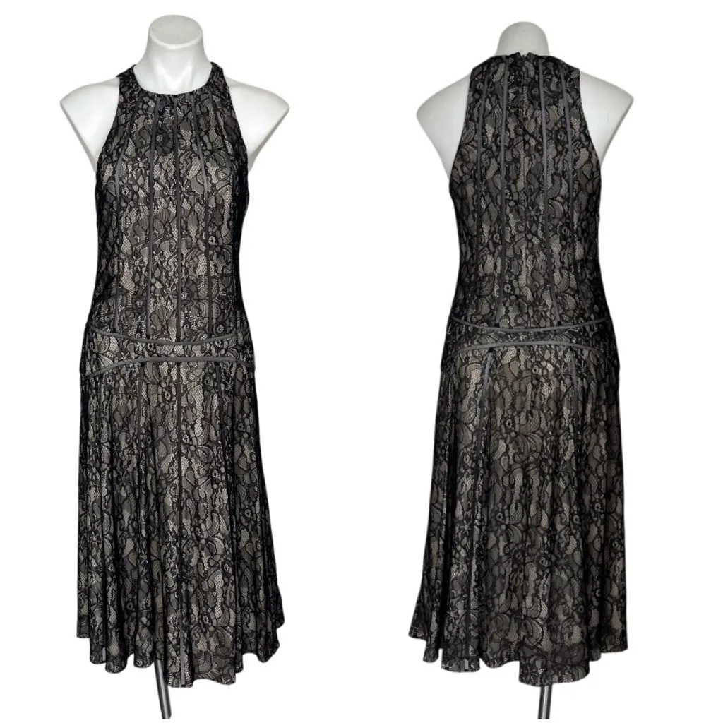 HAUTE HIPPIE Black Lace Dress Overlay Mesh Vertical Lines High Neck Size Medium - Image 10
