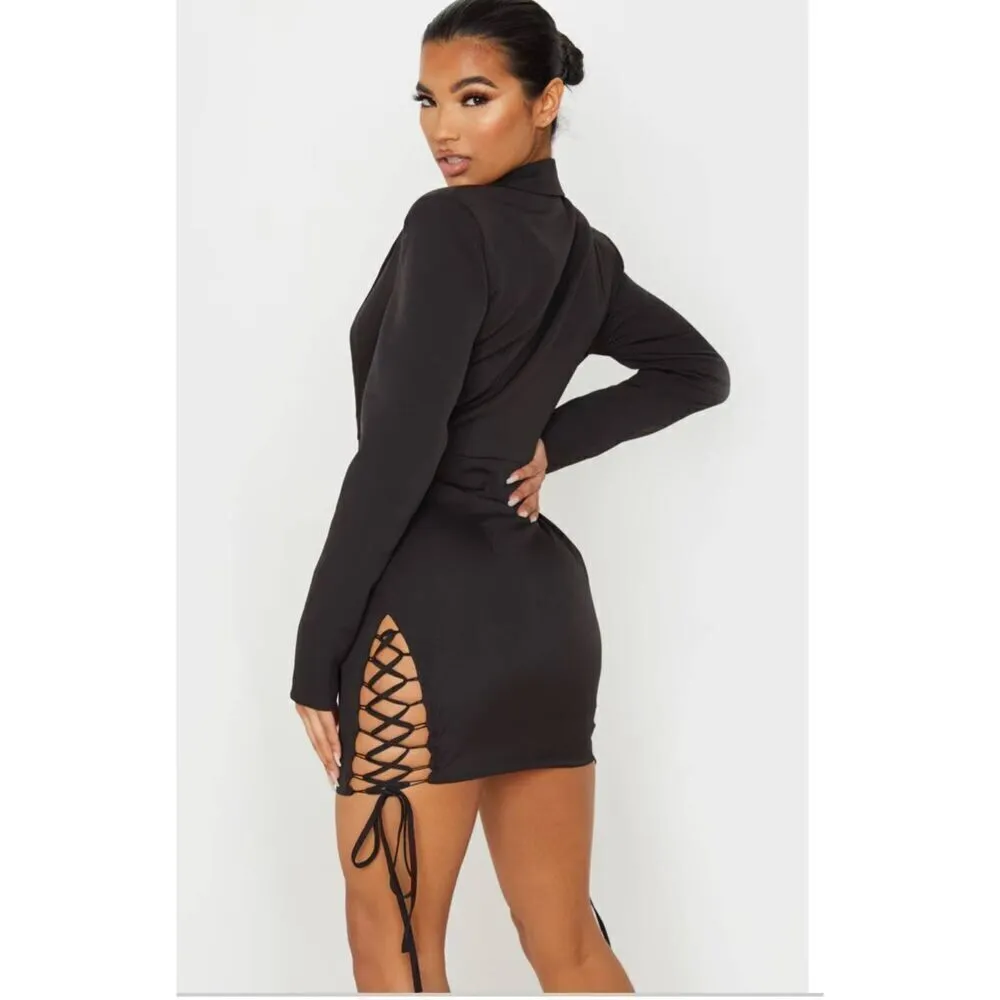 NWT Pretty Little Thing Black Hook And Eye Lace Up Detail Long Sleeve Blazer Dre - Image 2