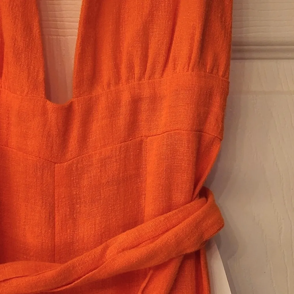 WET Vermillion Orange Plunge Neck Jumpsuit Linen Blend Women’s Size XS - Image 8
