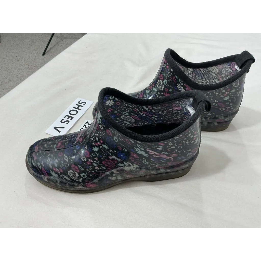 Womans Capelli Black Floral Slip On Runner Ankle Rainboots Size 6 - Image 3