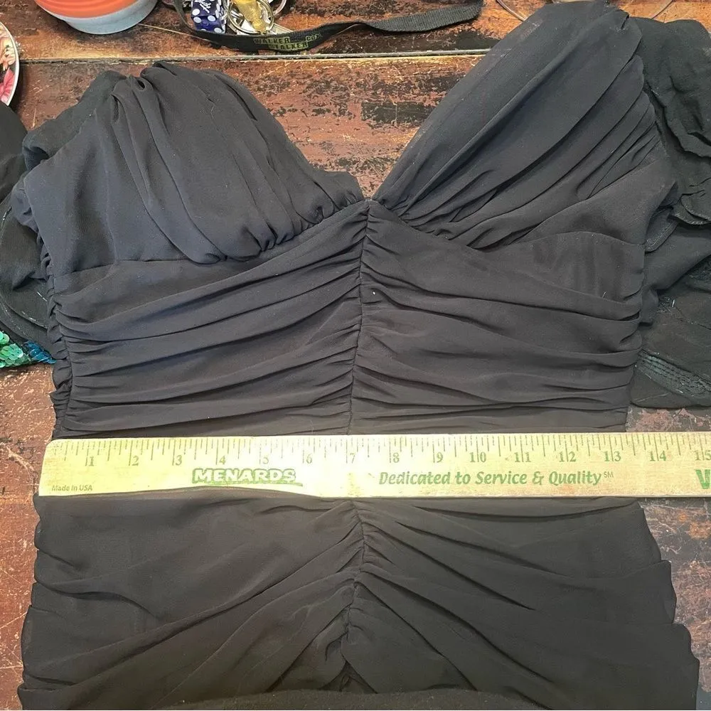 1980s Casadei Black Ruched Turquoise Sequined Gatsby Deco Flapper Dress Cape 12‎ - Image 14