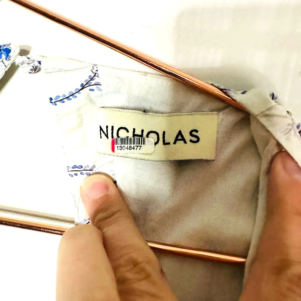 Nicholas Celie White Blue Floral Button Front Print Puff Sleeve Maxi Dress Sz 6 - Image 9