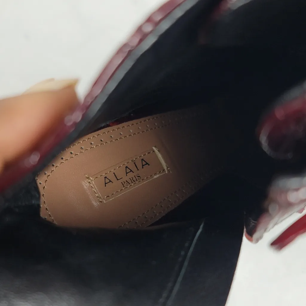 Alaia Calzature Donna Croco Burgundy Patent Leather Ankle Wedge Boots Size 37.5 Red - Image 8