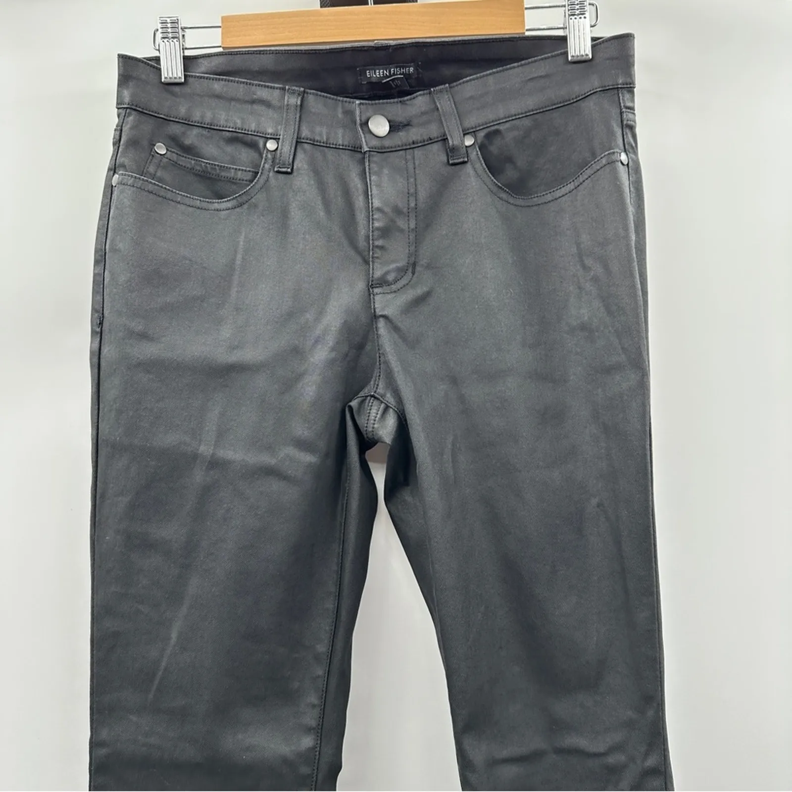 Eileen Fisher Black Coated Light Stretchy Denim Mid‎ Rise Skinny Pants Size 6 - Image 2