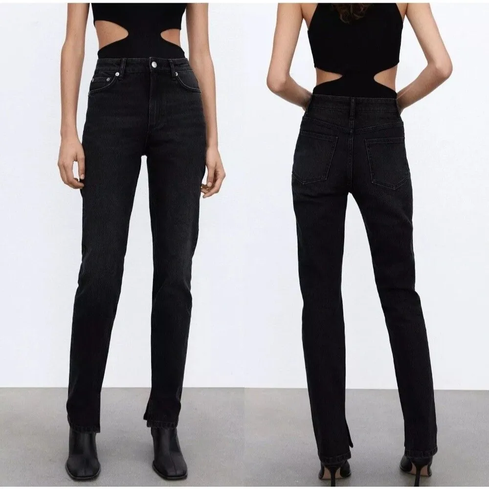 Zara Split Hem Slim Jeans Black High-Rise Full Length Straight Leg Size 12 - Image 4