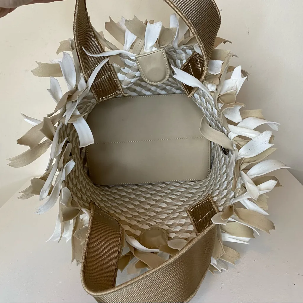 NAGHEDI Havana Small Woven Neoprene Tote Fringe Crossbody Striped Almaza Tan - Image 10